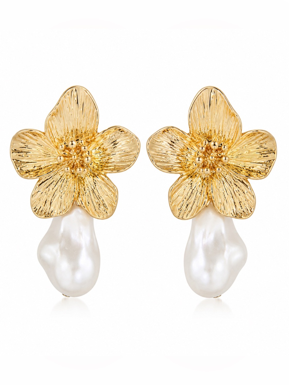 Zara Gold Floral Earrings with White Pearl Drops